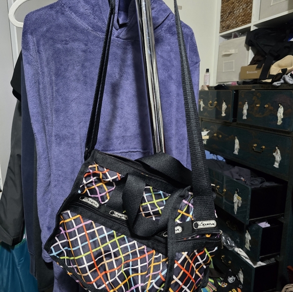 LeSportsac Crossbody Bag with Multicolor Grid on Black - Picture 4 of 4